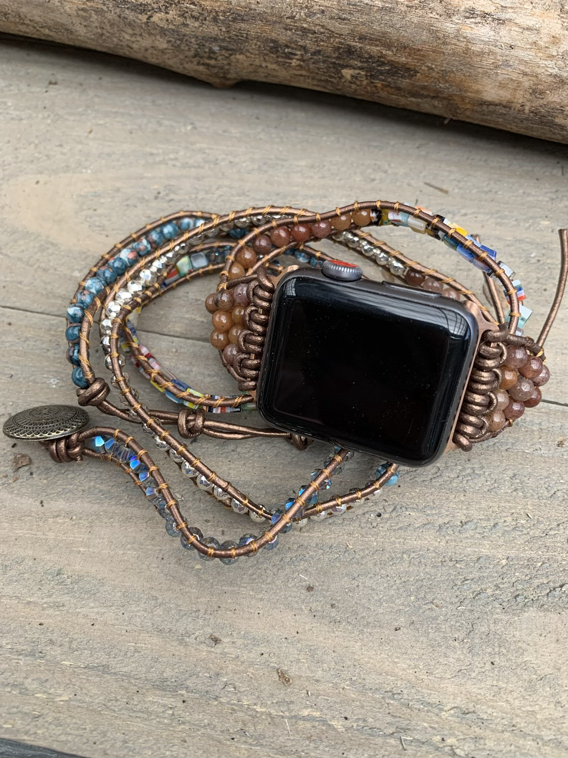 Brown Gold and Blue Beaded Smart Watch Wrap Bracelet - Jill's Jewels | Unique, Handcrafted, Trendy, And Fun Jewelry