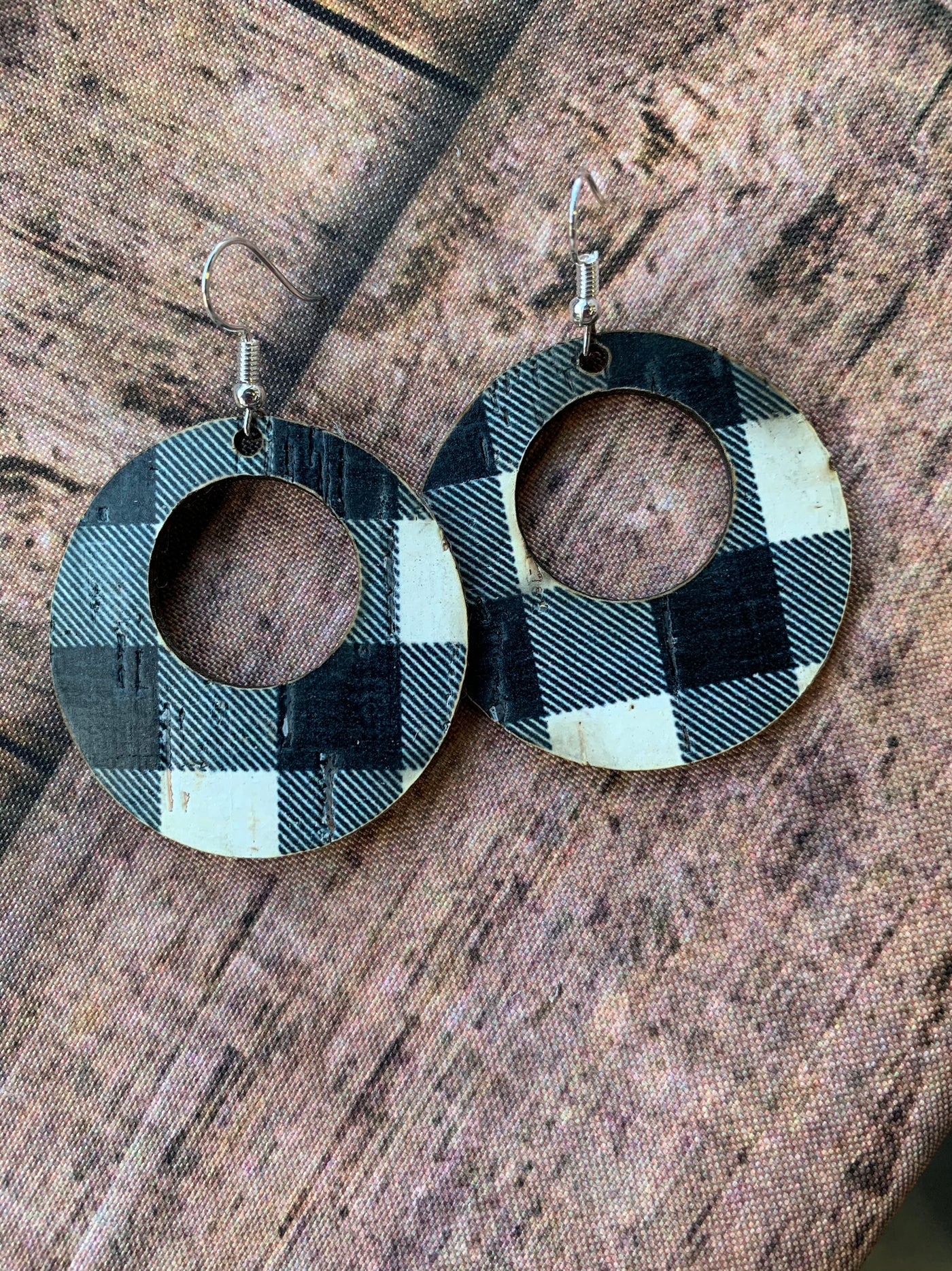 Black and White Buffalo Check Round Cork Leather Earring - Jill's Jewels | Unique, Handcrafted, Trendy, And Fun Jewelry