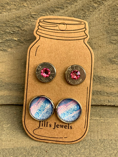 Pink and Blue Mandala 40 Caliber bullet earring set - Jill's Jewels | Unique, Handcrafted, Trendy, And Fun Jewelry