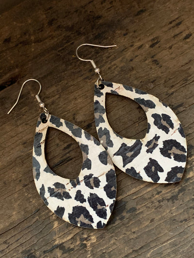 Grey and Black Leopard Print Cork Teardrop Earring - Jill's Jewels | Unique, Handcrafted, Trendy, And Fun Jewelry