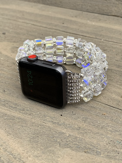 White AB Silver Rhinestone Crystal Beaded Stretch Smart Watch Band - Jill's Jewels | Unique, Handcrafted, Trendy, And Fun Jewelry