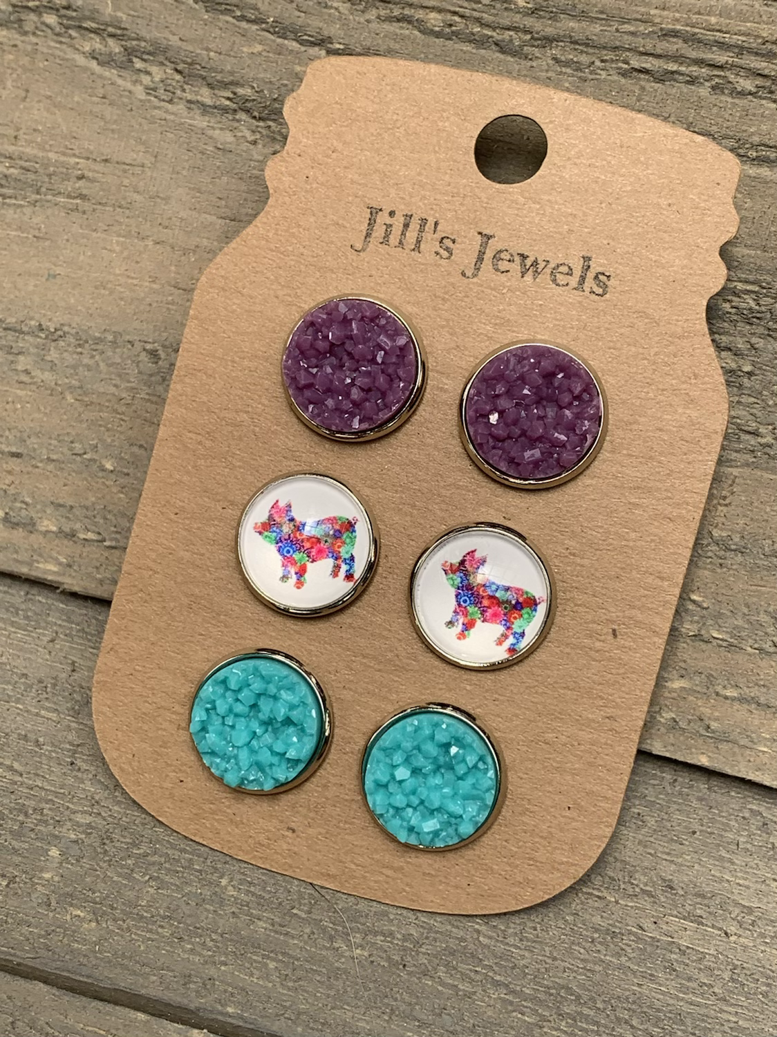 Floral Pig Purple and Mint Faux Druzy Earring 3 Set - Jill's Jewels | Unique, Handcrafted, Trendy, And Fun Jewelry