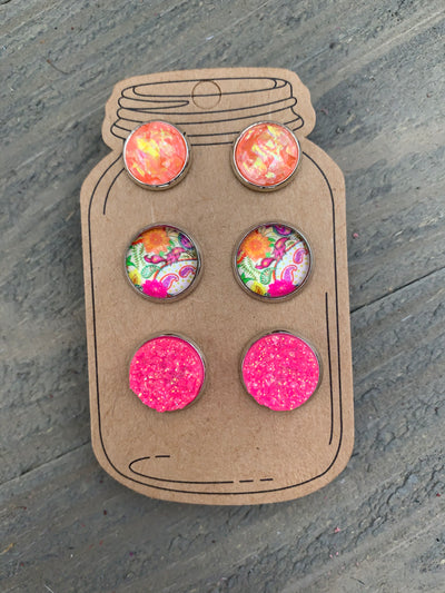Pink and Coral Floral Faux Druzy Earring 3 Set - Jill's Jewels | Unique, Handcrafted, Trendy, And Fun Jewelry