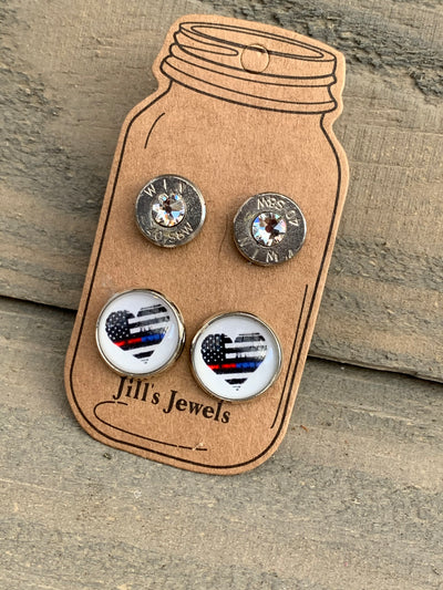 Red and Blue Line Heart 40 Caliber bullet earring set - Jill's Jewels | Unique, Handcrafted, Trendy, And Fun Jewelry