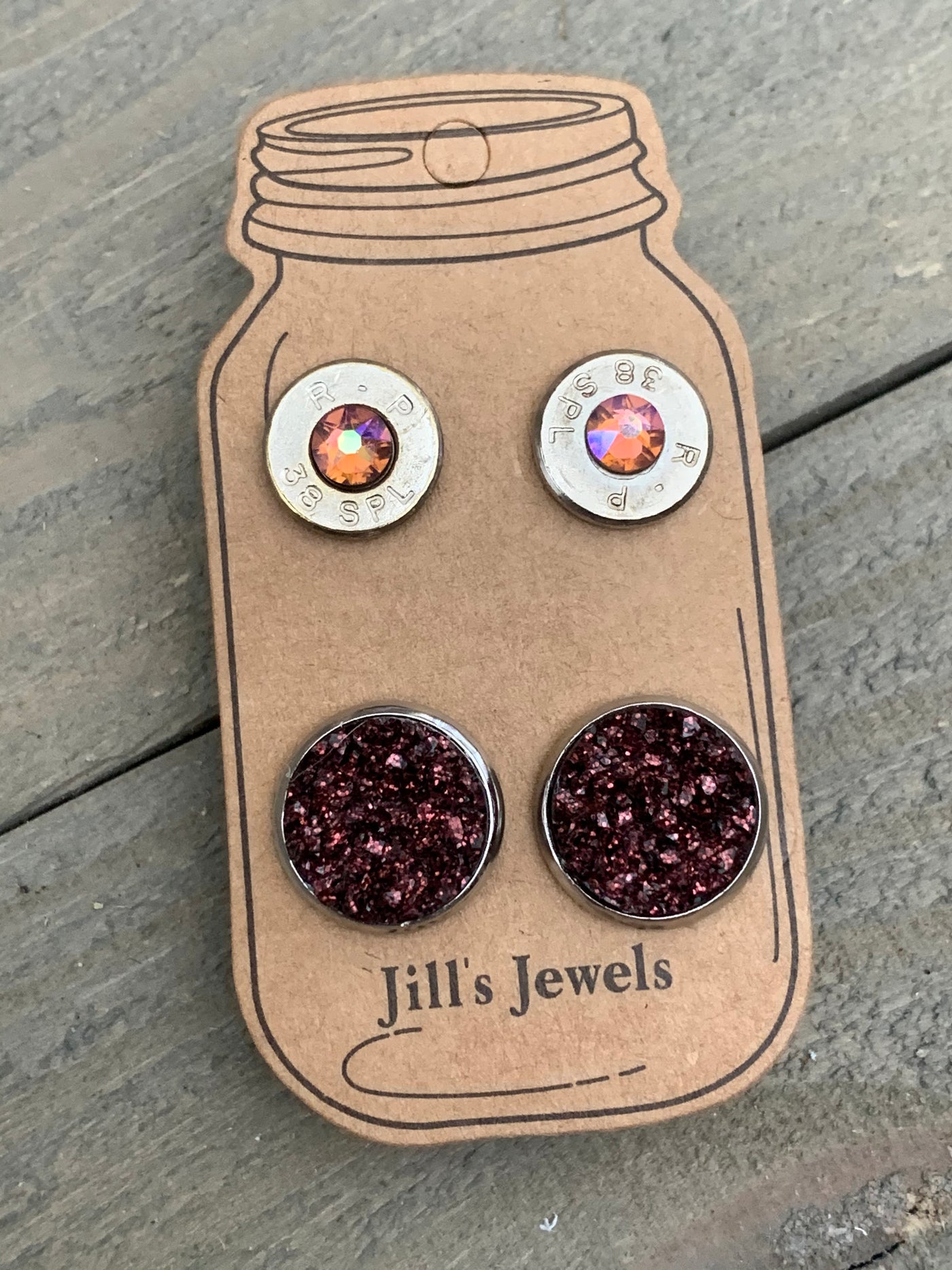 Maroon Brown Sparkle 38 Caliber bullet earring set - Jill's Jewels | Unique, Handcrafted, Trendy, And Fun Jewelry