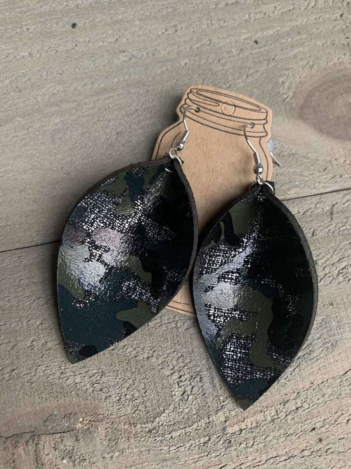 Black Camo Silver Accented Leather Earrings - Jill's Jewels | Unique, Handcrafted, Trendy, And Fun Jewelry