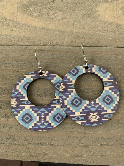 Blue and White Aztec Round Cork Leather Earring - Jill's Jewels | Unique, Handcrafted, Trendy, And Fun Jewelry