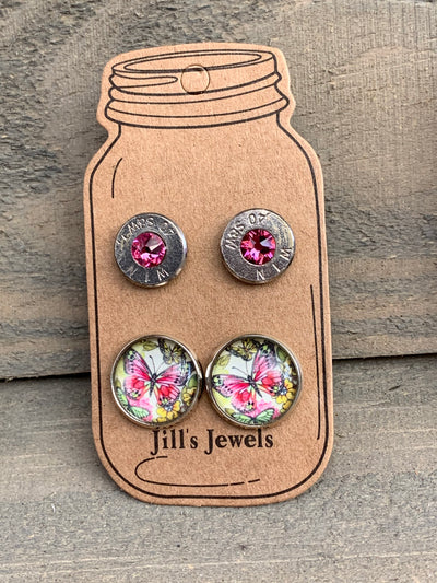 Pink Butterfly 40 Caliber bullet earring set - Jill's Jewels | Unique, Handcrafted, Trendy, And Fun Jewelry