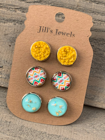 Mustard Yellow Aztec Turquoise Faux Druzy Earring 3 Set - Jill's Jewels | Unique, Handcrafted, Trendy, And Fun Jewelry