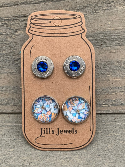 Blue and Yellow Floral 40 Caliber bullet earring set - Jill's Jewels | Unique, Handcrafted, Trendy, And Fun Jewelry