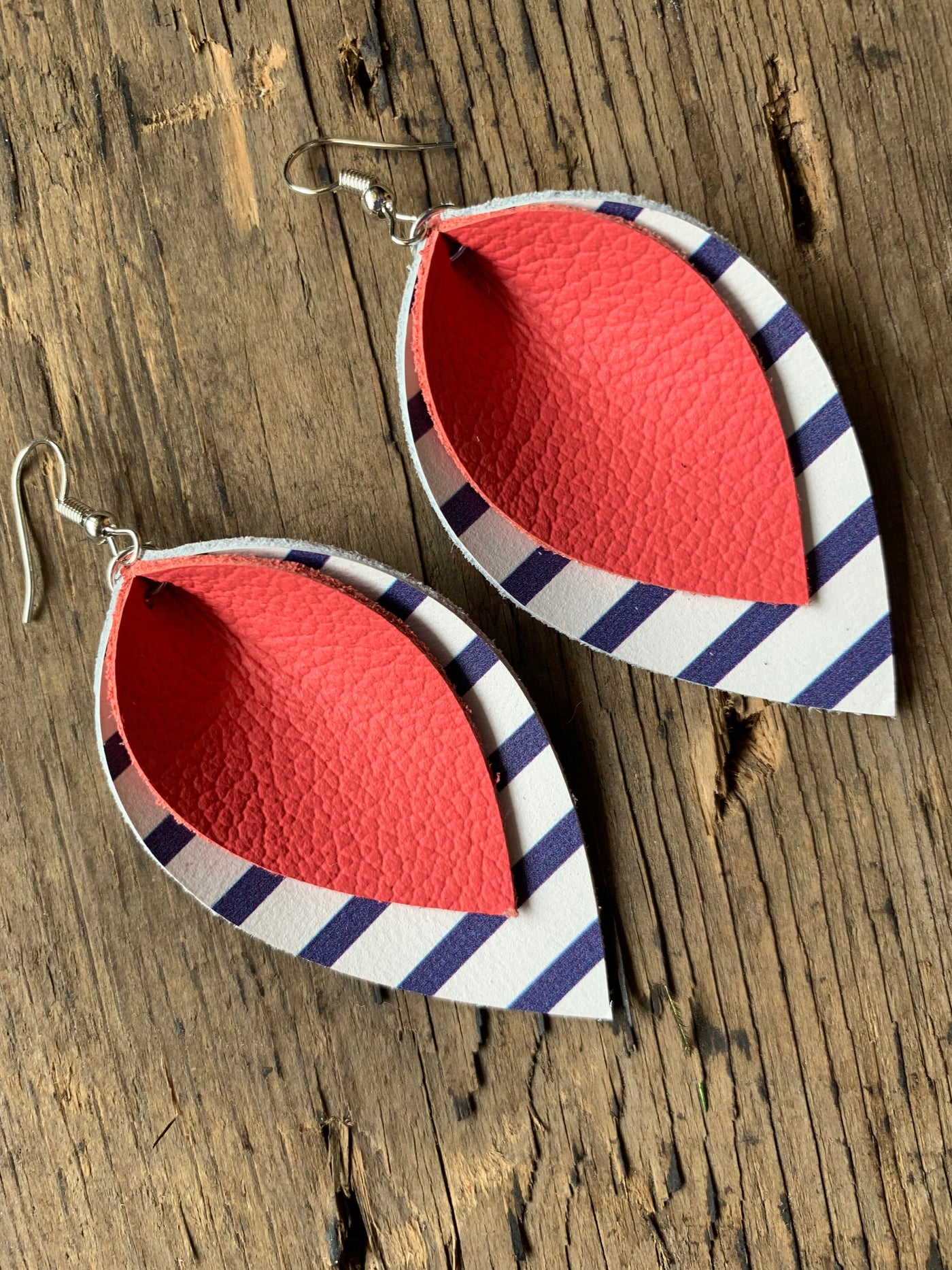 Coral Leather earrings with blue and white stripes - Jill's Jewels | Unique, Handcrafted, Trendy, And Fun Jewelry
