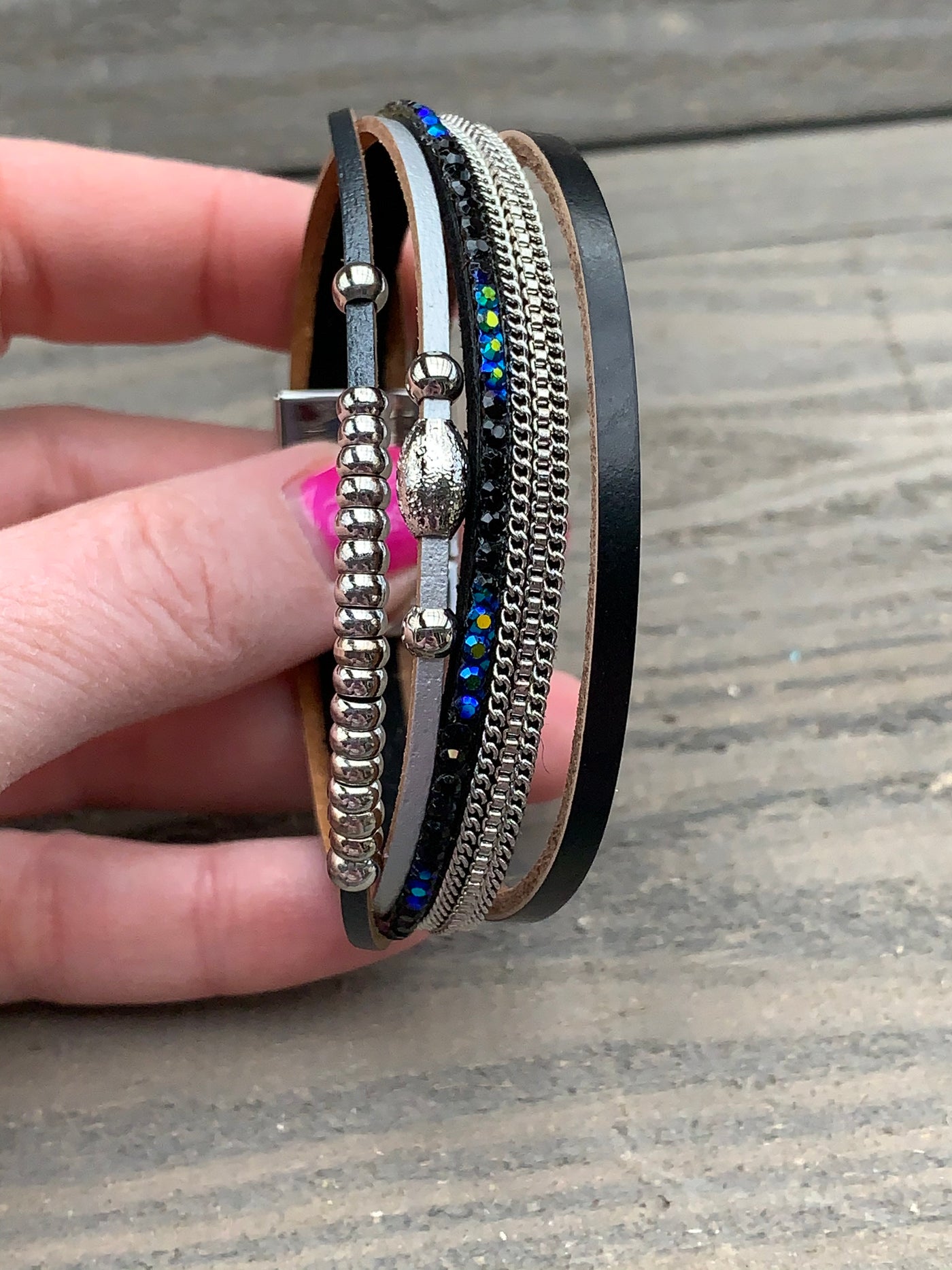 Black and Silver Iridescent Rhinestone Magnetic Bracelet - Jill's Jewels | Unique, Handcrafted, Trendy, And Fun Jewelry