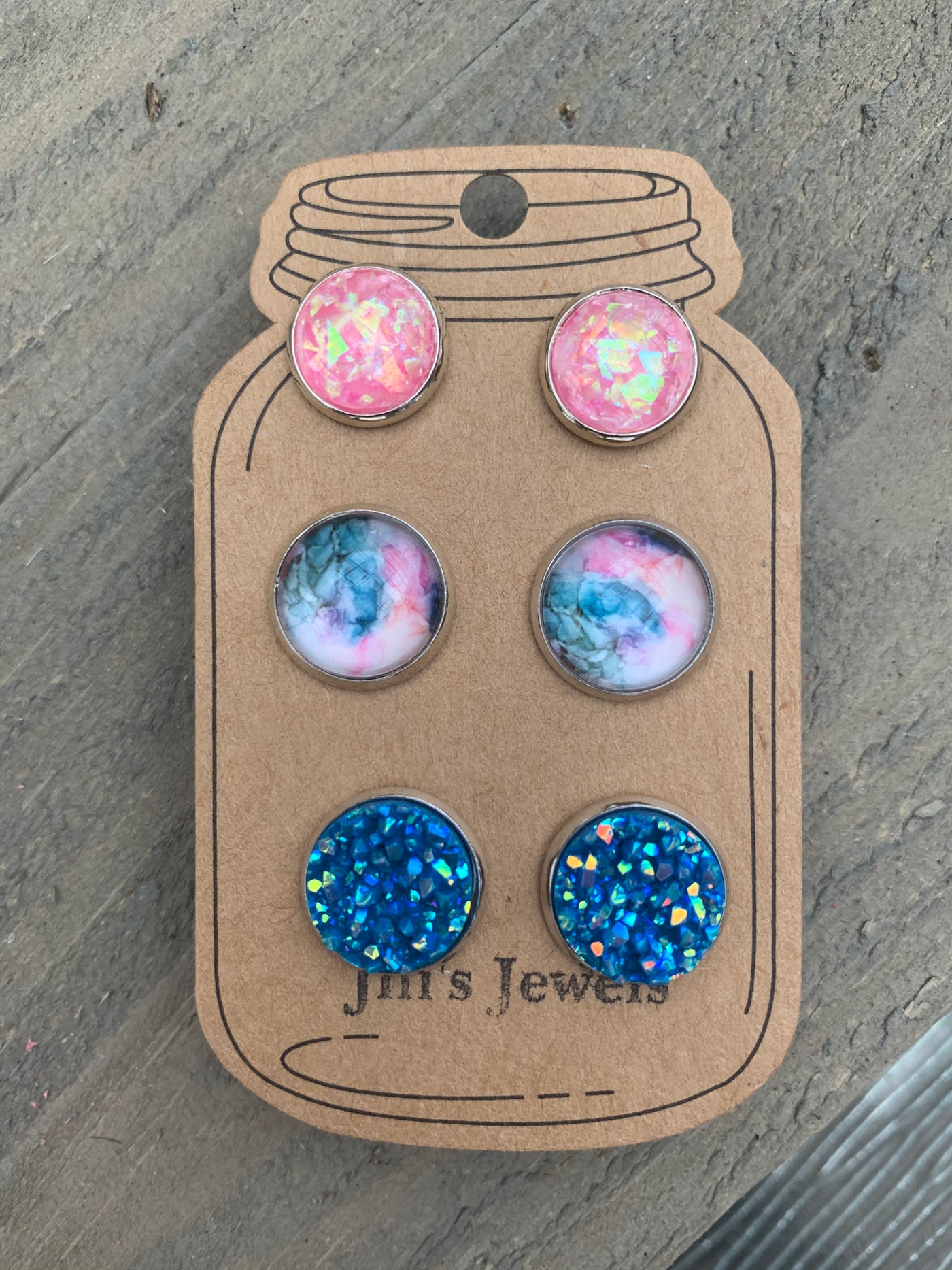 Blue and Pink Marble Faux Druzy Earring 3 Set - Jill's Jewels | Unique, Handcrafted, Trendy, And Fun Jewelry