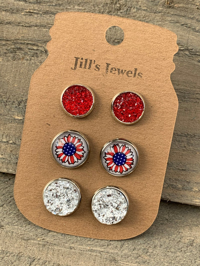 Red White and Blue USA Daisy Faux Druzy Earring 3 Set - Jill's Jewels | Unique, Handcrafted, Trendy, And Fun Jewelry
