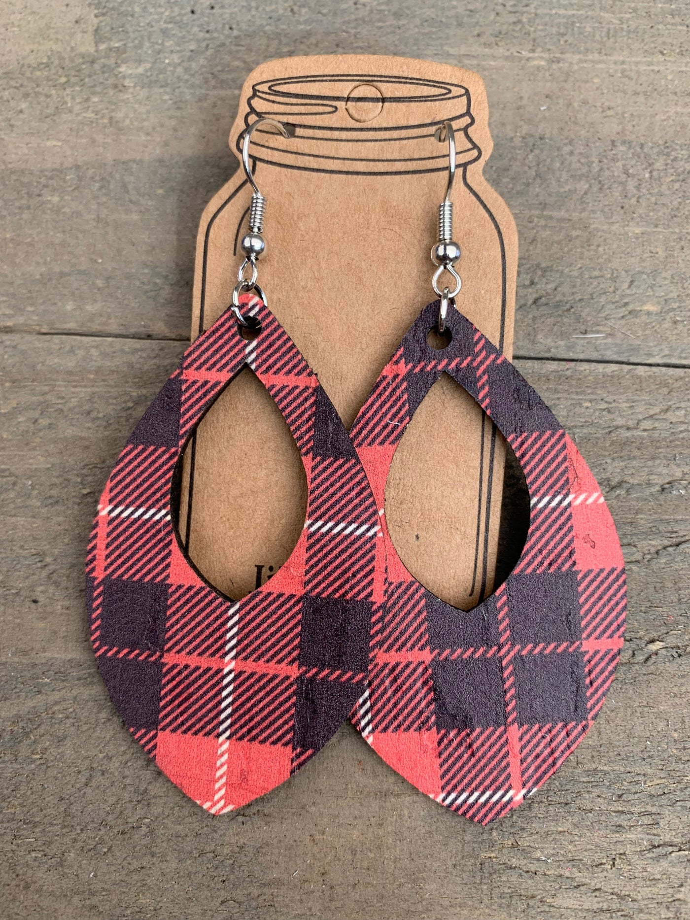 Black and Red Plaid Cork Teardrop Earring - Jill's Jewels | Unique, Handcrafted, Trendy, And Fun Jewelry