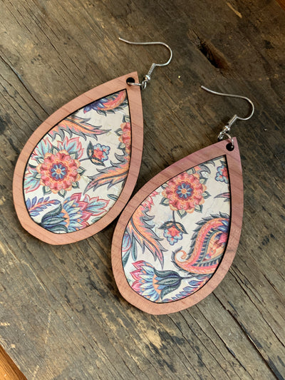 White and Coral Floral Cork Wood Teardrop Earrings - Jill's Jewels | Unique, Handcrafted, Trendy, And Fun Jewelry