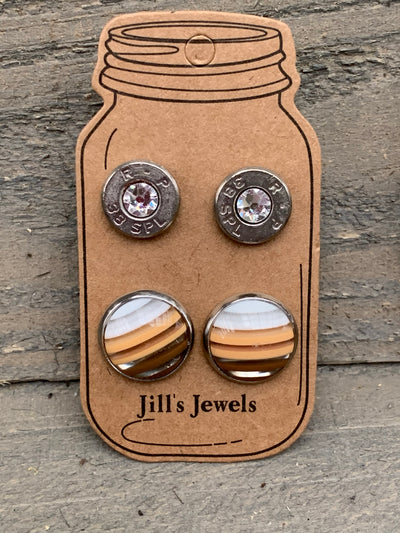 White and Brown Striped 38 Caliber bullet earring set - Jill's Jewels | Unique, Handcrafted, Trendy, And Fun Jewelry