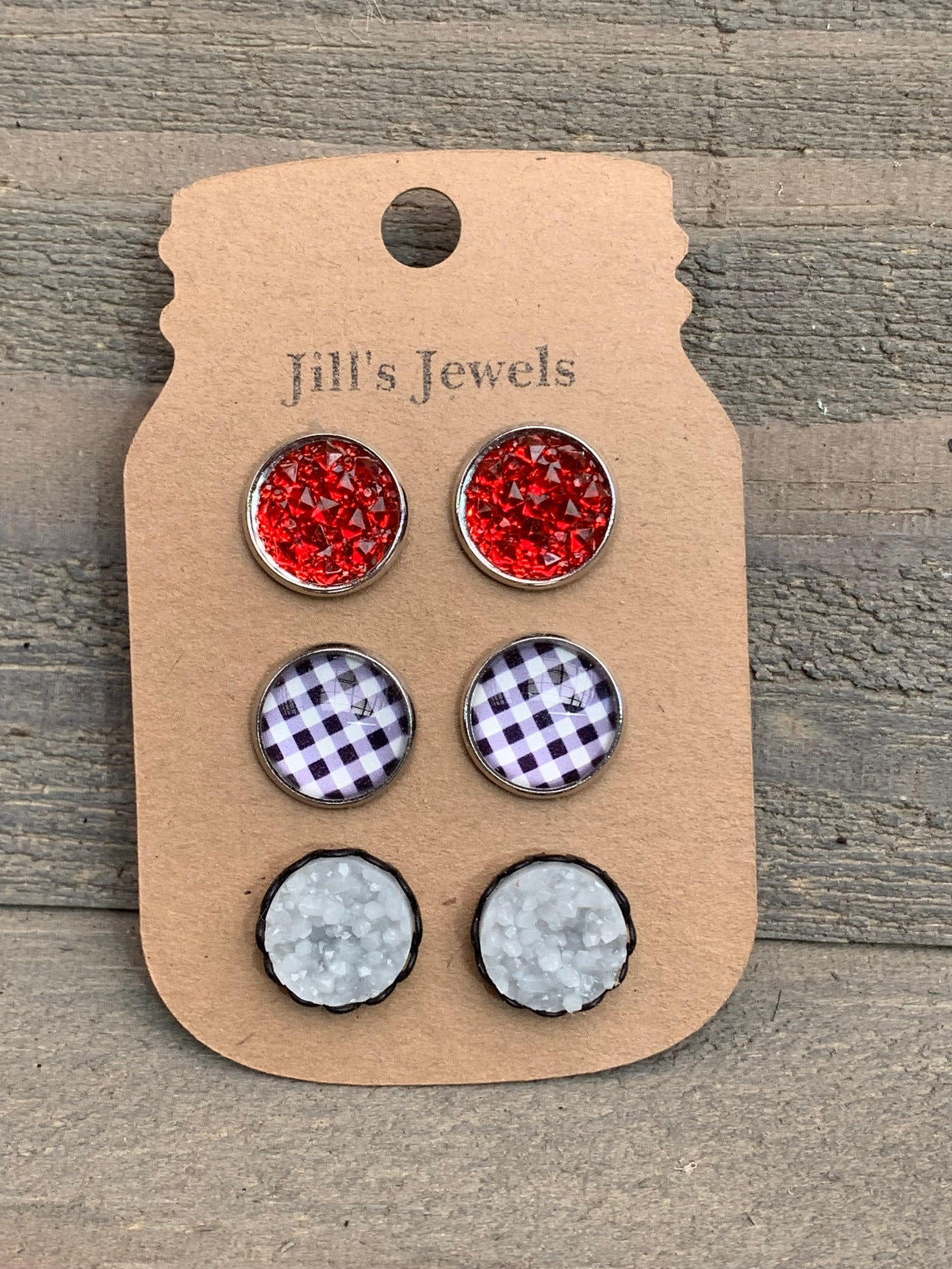 Black and White Plaid with Red Faux Druzy Earrings - Jill's Jewels | Unique, Handcrafted, Trendy, And Fun Jewelry