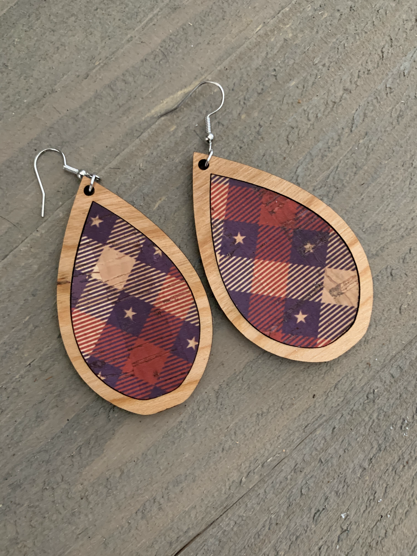 Red White and Blue Star Plaid Cork and Wood Teardrop Earrings - Jill's Jewels | Unique, Handcrafted, Trendy, And Fun Jewelry