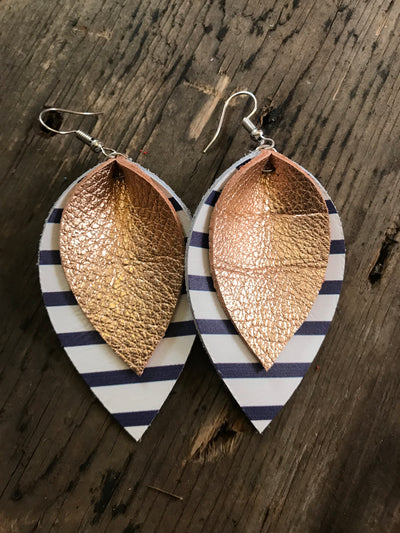Rose gold Leather earrings with blue and white stripes - Jill's Jewels | Unique, Handcrafted, Trendy, And Fun Jewelry