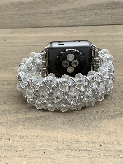 Clear Crystal and Silver Chain Beaded Stretch Smart Watch Band - Jill's Jewels | Unique, Handcrafted, Trendy, And Fun Jewelry