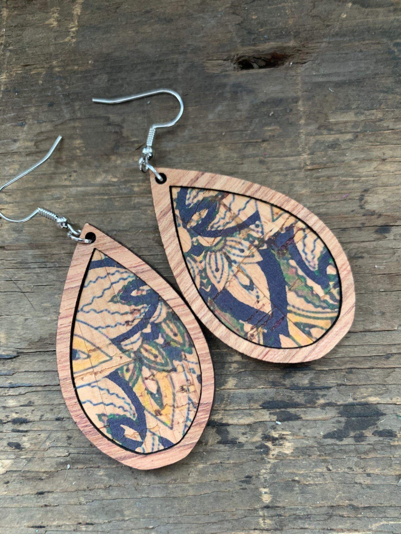 Blue and Yellow Cork Wood Teardrop Earrings - Jill's Jewels | Unique, Handcrafted, Trendy, And Fun Jewelry
