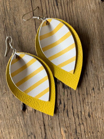 Yellow Leather earrings with white stripes - Jill's Jewels | Unique, Handcrafted, Trendy, And Fun Jewelry