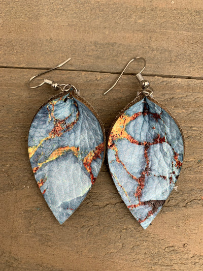 Blue Marble Print Leather Earrings - Jill's Jewels | Unique, Handcrafted, Trendy, And Fun Jewelry