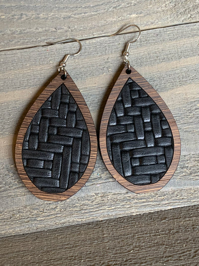 Black Basket Weave Leather and Wood Teardrop Earrings - Jill's Jewels | Unique, Handcrafted, Trendy, And Fun Jewelry
