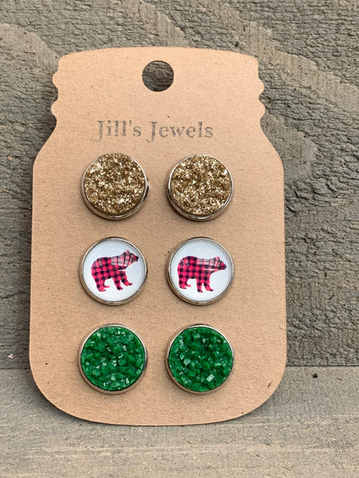 Buffalo Plaid Bear Christmas Faux Druzy Earring 3 Set - Jill's Jewels | Unique, Handcrafted, Trendy, And Fun Jewelry