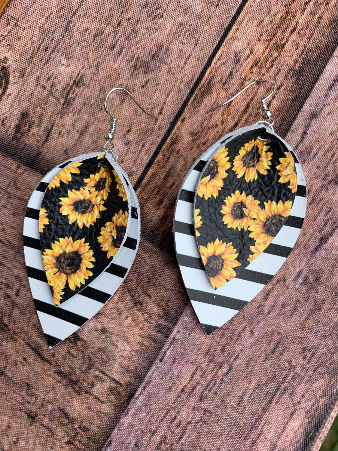 Sunflower and stripes leather earrings - Jill's Jewels | Unique, Handcrafted, Trendy, And Fun Jewelry