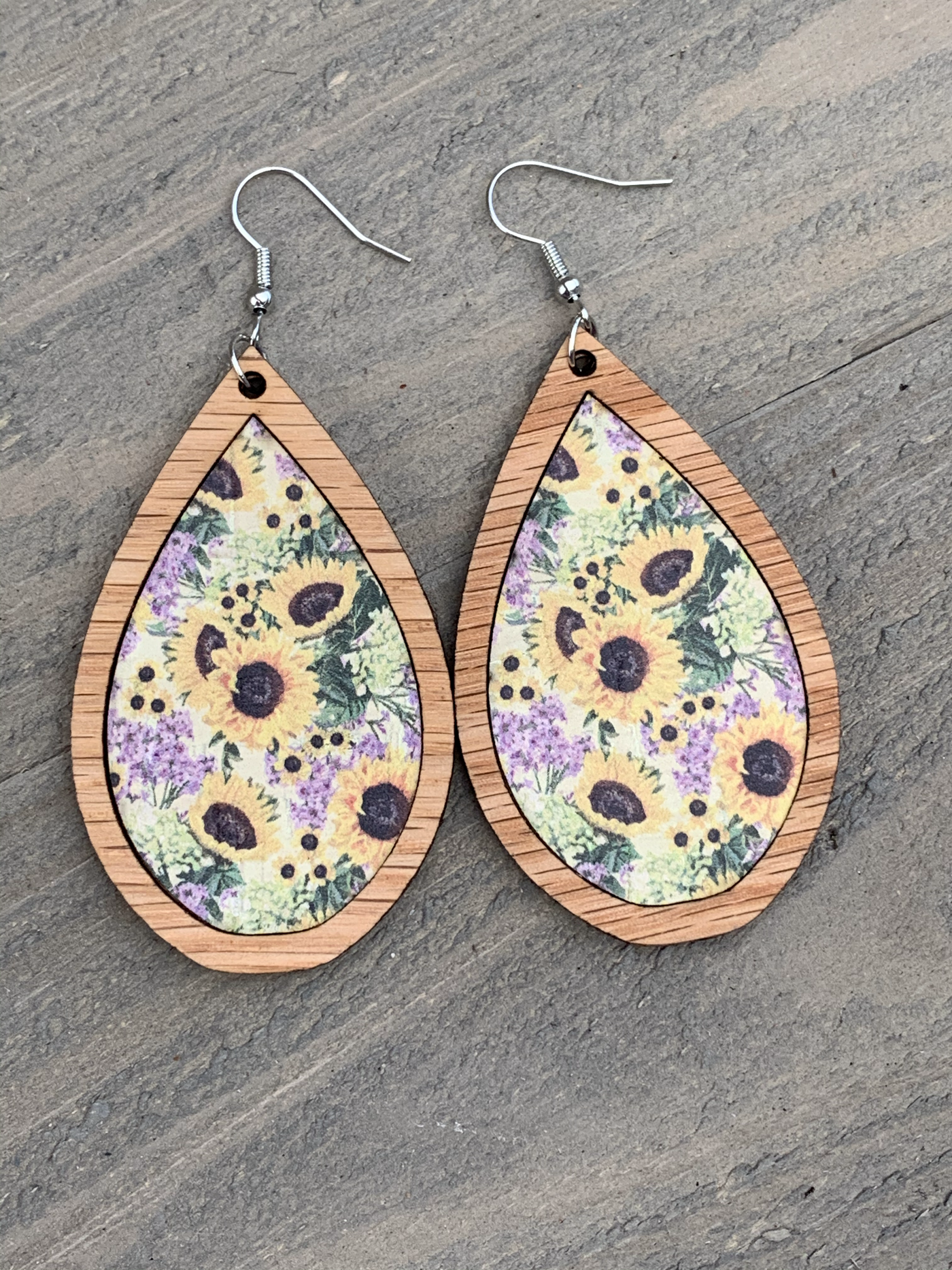 Sunflower Floral Cork and Wood Teardrop Earrings - Jill's Jewels | Unique, Handcrafted, Trendy, And Fun Jewelry