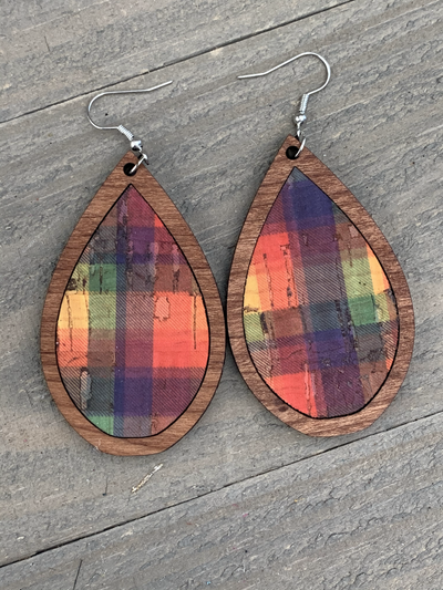 Rainbow Plaid Cork and Wood Teardrop Earrings - Jill's Jewels | Unique, Handcrafted, Trendy, And Fun Jewelry