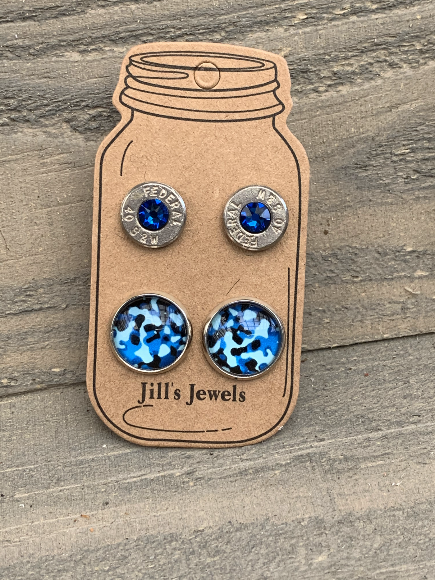 Blue Camo 40 Caliber bullet earring set - Jill's Jewels | Unique, Handcrafted, Trendy, And Fun Jewelry