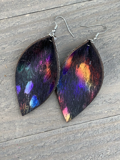 Black Rainbow Acid Wash Hair on leather earring - Jill's Jewels | Unique, Handcrafted, Trendy, And Fun Jewelry