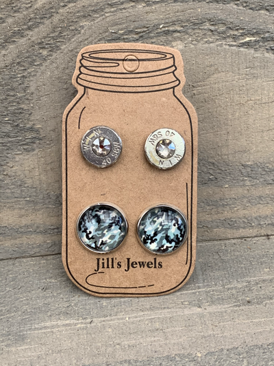 Blue Grey Camo 40 Caliber bullet earring set - Jill's Jewels | Unique, Handcrafted, Trendy, And Fun Jewelry