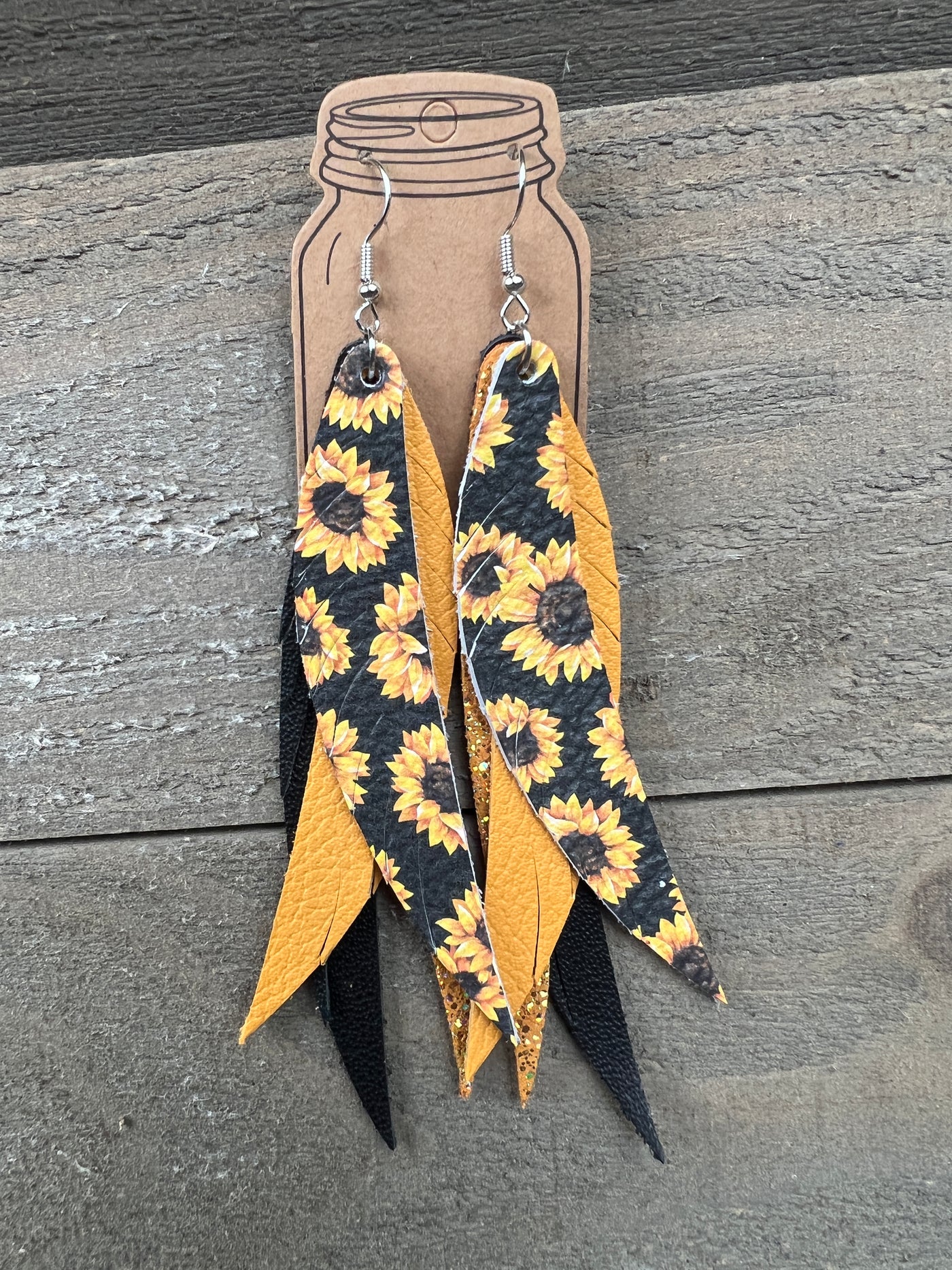 Yellow Sunflower Stacked Fringe Feather Earrings