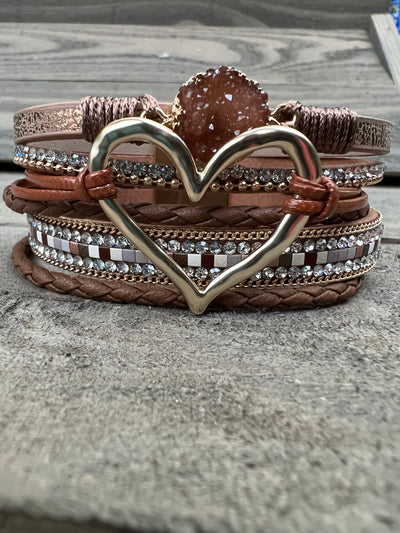 Brown and Gold Druzy Heart Leather Magnetic Bracelet