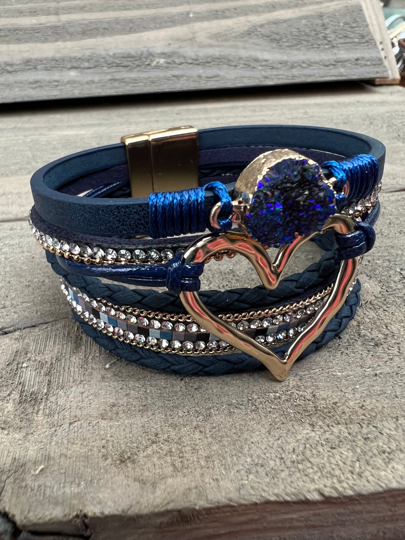 Navy Blue and Gold Druzy Heart Leather Magnetic Bracelet