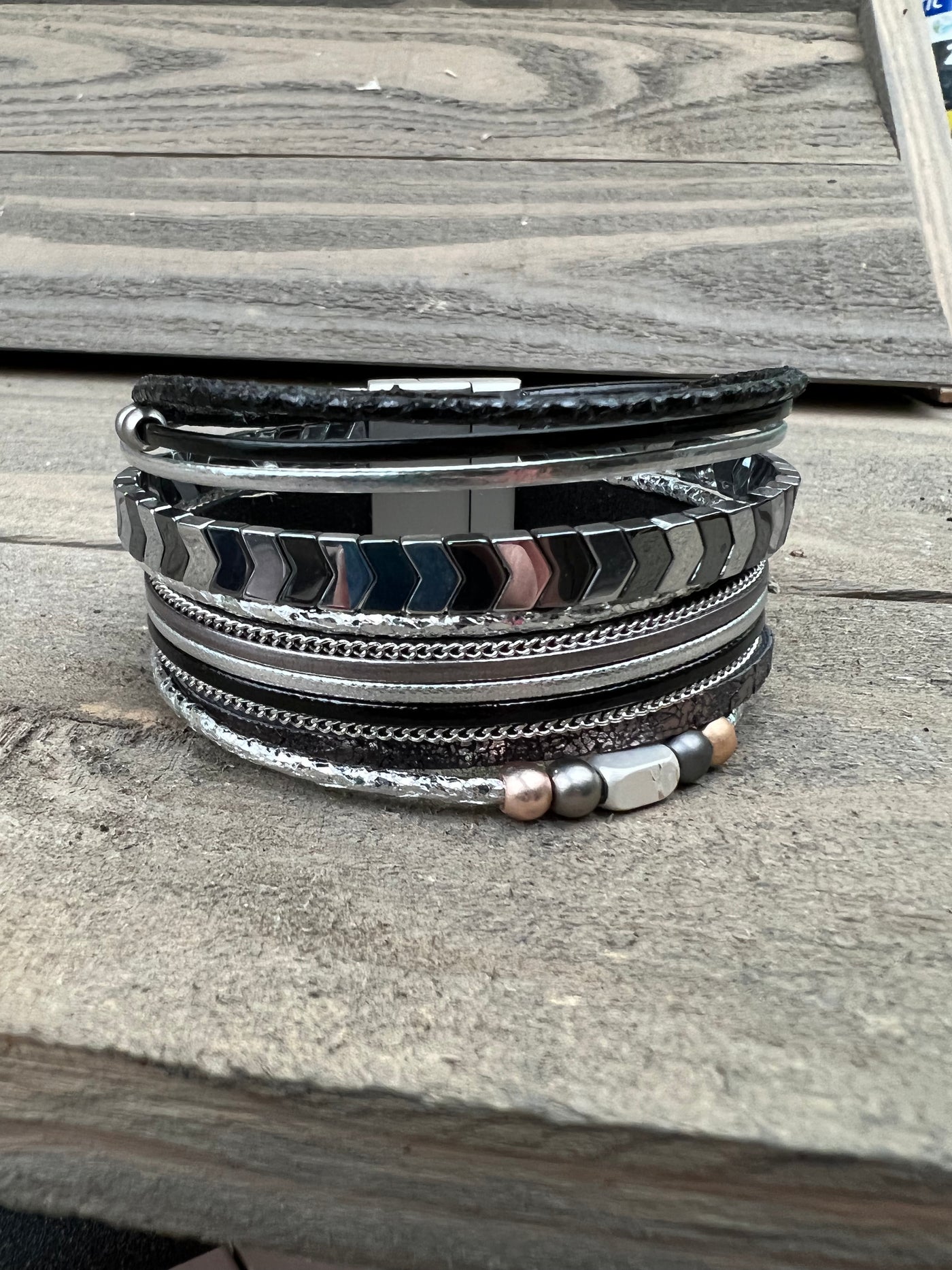 Silver and Gunmetal Arrow Leather Magnetic Bracelet