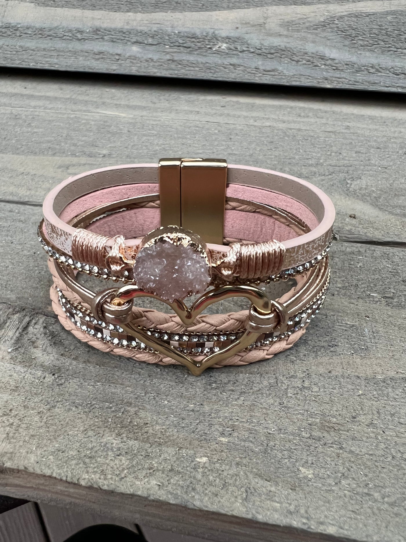 Rose Gold and Tan Druzy Heart Leather Magnetic Bracelet
