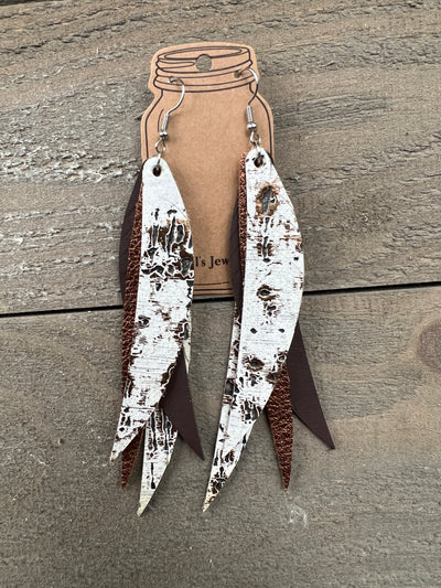 White and Bronze Stacked Fringe Feather Earrings