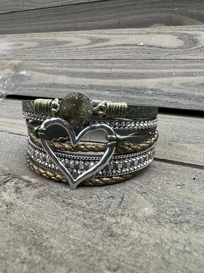 Olive Green and Silver Druzy Heart Leather Magnetic Bracelet