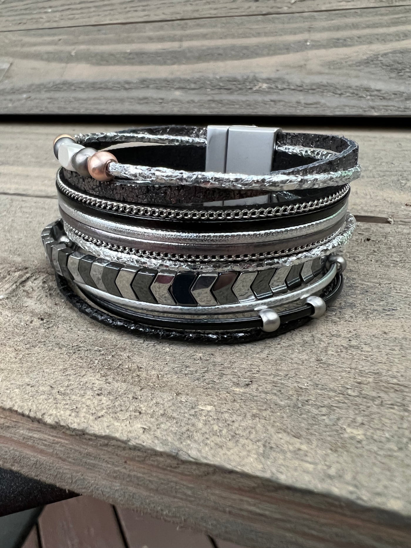 Silver and Gunmetal Arrow Leather Magnetic Bracelet