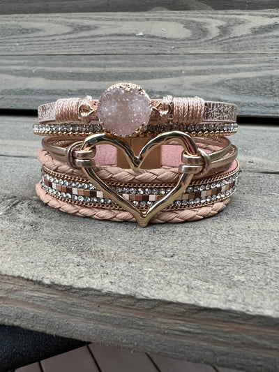 Rose Gold and Tan Druzy Heart Leather Magnetic Bracelet