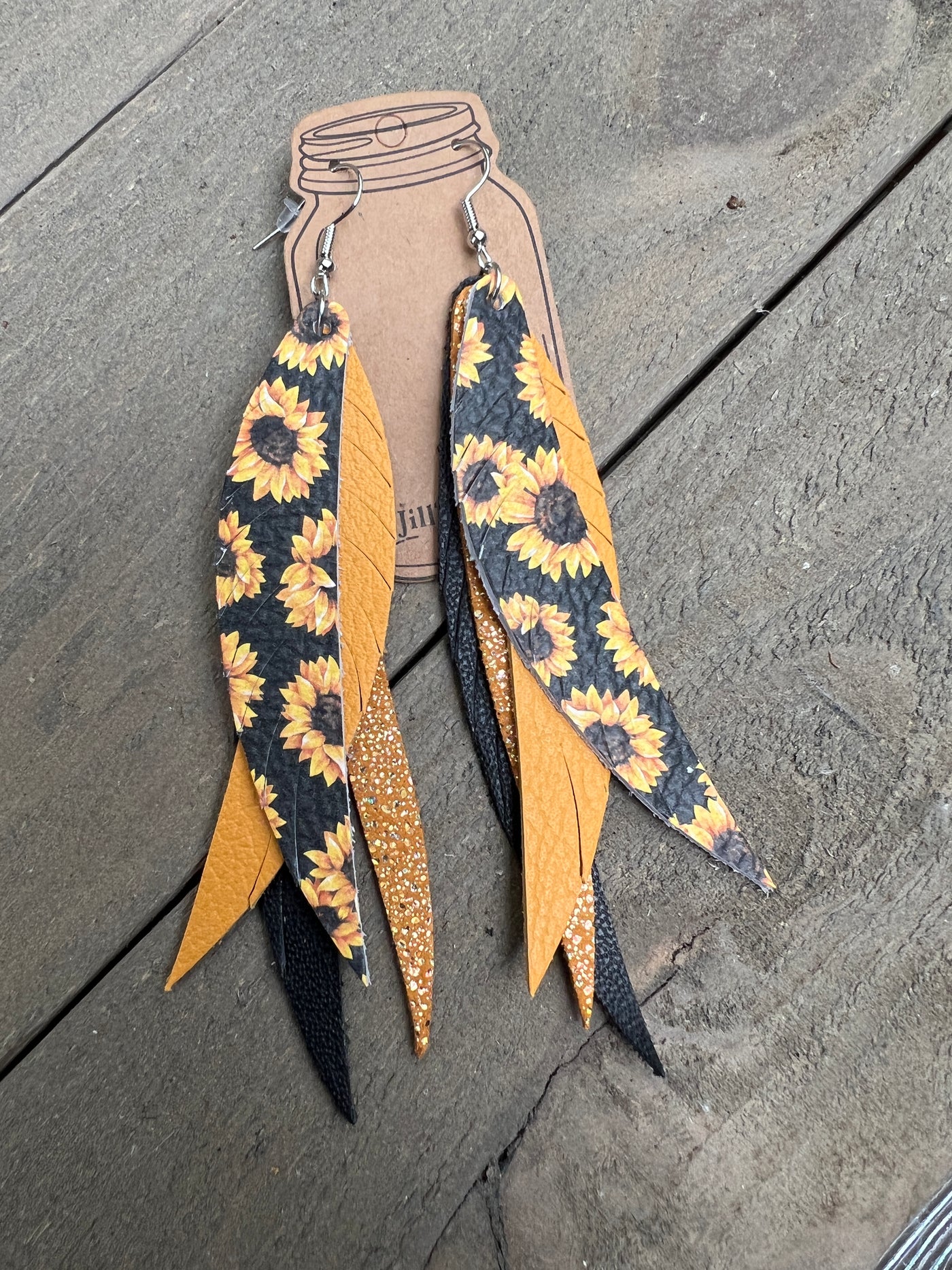 Yellow Sunflower Stacked Fringe Feather Earrings