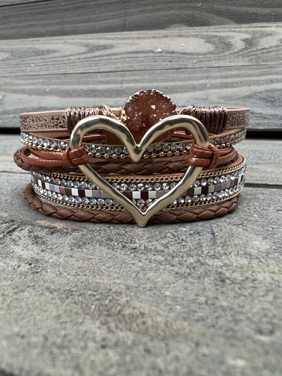 Brown and Gold Druzy Heart Leather Magnetic Bracelet