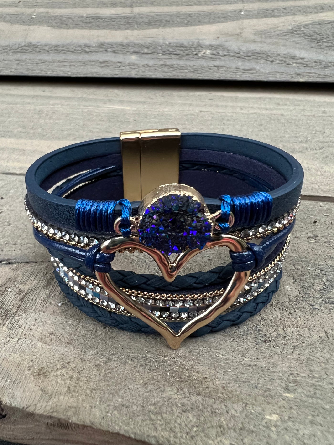Navy Blue and Gold Druzy Heart Leather Magnetic Bracelet