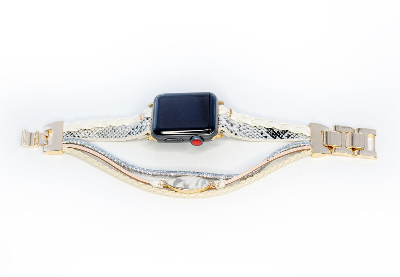 White and Tan Gemstone Multi Strand Leather Smart Watch Bracelet