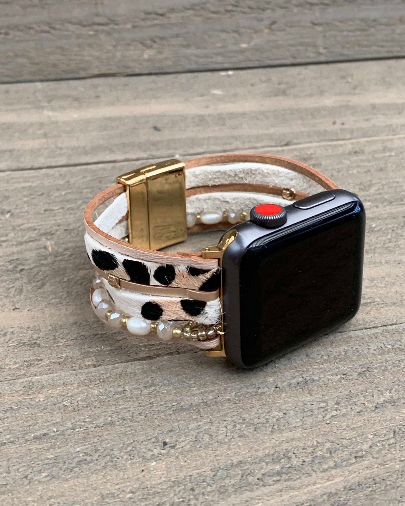 Cream Leopard Spot Multi Strand Leather Smart Watch Bracelet